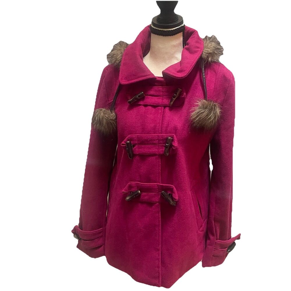 Dollhouse Jacket M Magenta Pink Wool Blend Duffle Toggle Coat Faux Fur Hood Y2K